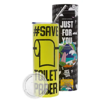 Save toilet Paper, Neon Yellow Travel Tumbler θερμό, μεταλλικό καλαμάκι(Ανωξείδωτο 304 Food grade, BPA free, 600ml)