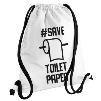 Save toilet Paper, Backpack pouch GYMBAG white, with pocket (40x48cm) & thick cords