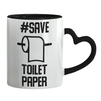 Save toilet Paper, Κούπα καρδιά χερούλι μαύρη, κεραμική, 330ml