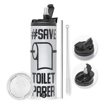 Save toilet Paper, Travel Tumbler θερμό με διπλό καπάκι, μεταλλικό καλαμάκι και βούρτσα καθαρισμού (Ανωξείδωτο 304 Food grade, BPA free, 600ml)