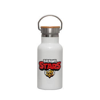 Brawl Stars, Metallic thermos (Stainless steel) White with wooden lid (bamboo), double-walled, 350ml