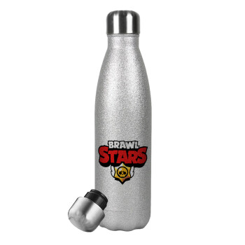Brawl Stars, Μεταλλικό παγούρι θερμός Glitter Aσημένιο (Stainless steel), διπλού τοιχώματος, 500ml