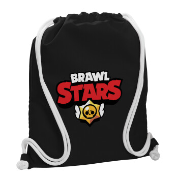 Brawl Stars, Backpack pouch GYMBAG Black, with pocket (40x48cm) & thick white cords