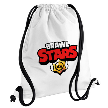 Brawl Stars, Τσάντα πλάτης πουγκί GYMBAG λευκή, με τσέπη (40x48cm) & χονδρά κορδόνια