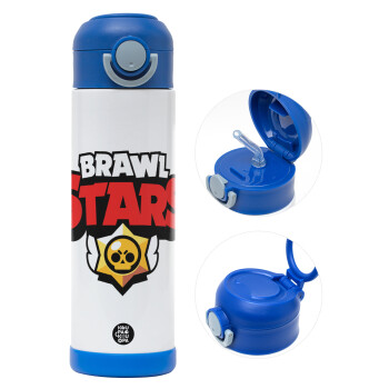 Brawl Stars, Children's hot water bottle, stainless steel, with safety straw, BLUE (500ml)