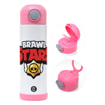 Brawl Stars, Children's hot water bottle, stainless steel, with safety straw, PINK (500ml)