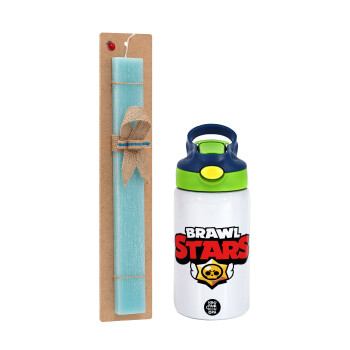 Brawl Stars, Easter Set, Children's thermal stainless steel bottle with safety straw, green/blue (350ml) & aromatic flat Easter candle (30cm) (TURQUOISE)