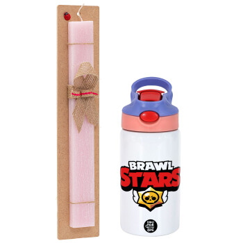 Brawl Stars, Easter Set, Children's thermal stainless steel water bottle with safety straw, pink/purple (350ml) & Easter scented flat candle (30cm) (PINK)