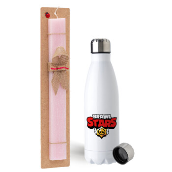 Brawl Stars, Easter Set, metallic stainless steel water bottle (750ml) & scented flat Easter candle (30cm) (PINK)