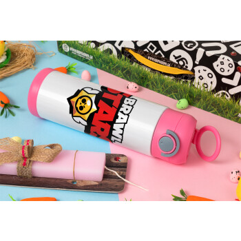 Brawl Stars, Easter candle, Childrens hot water bottle, stainless steel, with safety straw, PINK (500ml)