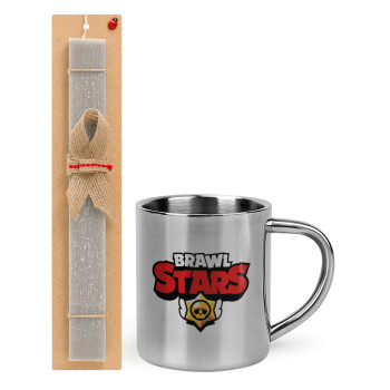 Brawl Stars, Easter Set, metallic thermal cup (300ml) & Easter aromatic flat candle (30cm) (GRAY)