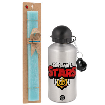 Brawl Stars, Easter Set, metallic silver aluminum water bottle (500ml) & scented flat Easter candle (30cm) (TURQUOISE)