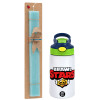 Easter Set, Children's thermal stainless steel bottle with safety straw, green/blue (350ml) & aromatic flat Easter candle (30cm) (TURQUOISE)