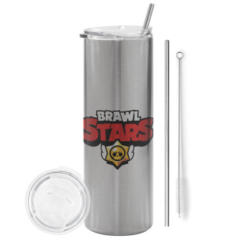 Brawl Stars, Eco friendly stainless steel Silver tumbler 600ml, with metal straw & cleaning brush