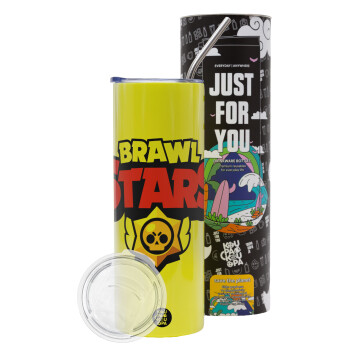 Brawl Stars, Neon Yellow Travel Tumbler θερμό, μεταλλικό καλαμάκι(Ανωξείδωτο 304 Food grade, BPA free, 600ml)