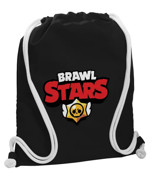 Brawl Stars — Backpack pouch GYMBAG Black, with pocket (40x48cm) & thick white cords