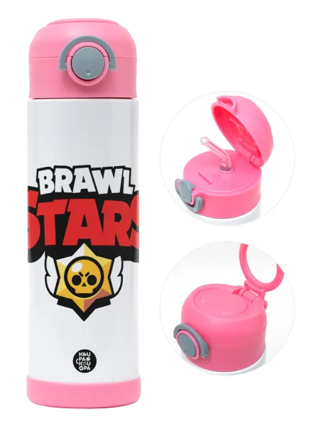 Brawl Stars — Children's hot water bottle, stainless steel, with safety straw, PINK (500ml)
