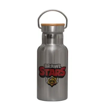 Brawl Stars, Μεταλλικό παγούρι θερμός (Stainless steel) Ασημένιο με ξύλινο καπακι (bamboo), διπλού τοιχώματος, 350ml