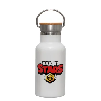 Brawl Stars, Μεταλλικό παγούρι θερμός (Stainless steel) Λευκό με ξύλινο καπακι (bamboo), διπλού τοιχώματος, 350ml