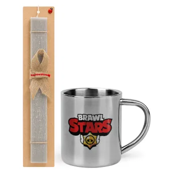 Brawl Stars, Easter Set, metallic thermal cup (300ml) & Easter aromatic flat candle (30cm) (GRAY)