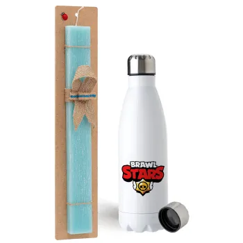 Brawl Stars, Easter Set, metallic stainless steel water bottle (750ml) & aromatic flat Easter candle (30cm) (TURQUOISE)