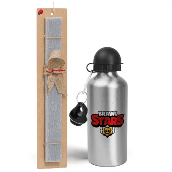 Brawl Stars, Easter Set, metallic silver aluminum water bottle (500ml) & aromatic flat Easter candle (30cm) (GRAY)