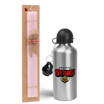 Brawl Stars, Easter Set, metallic Silver aluminum water bottle (500ml) & scented flat Easter candle (30cm) (PINK)