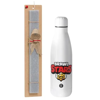 Brawl Stars, Easter Set, metallic stainless thermos bottle (500ml) & scented flat Easter candle (30cm) (GRAY)