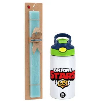 Brawl Stars, Easter Set, Children's thermal stainless steel bottle with safety straw, green/blue (350ml) & aromatic flat Easter candle (30cm) (TURQUOISE)