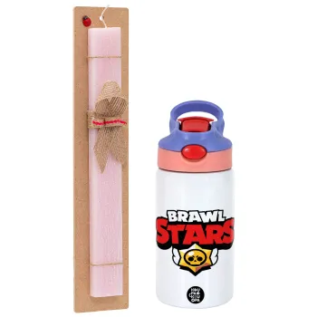 Brawl Stars, Easter Set, Children's thermal stainless steel water bottle with safety straw, pink/purple (350ml) & Easter scented flat candle (30cm) (PINK)