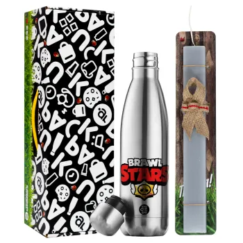 Brawl Stars, Easter Set, metallic stainless thermos flask (500ml) & scented flat Easter candle (30cm) (GRAY)