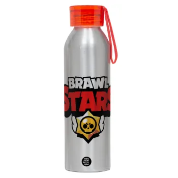 Brawl Stars, Αλουμινένιο Αθλητικό Μπουκάλι 650ml – Ασημί με Κόκκινο Καπάκι και Λουράκι Σιλικόνης