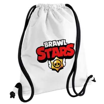 Brawl Stars, Backpack pouch GYMBAG white, with pocket (40x48cm) & thick cords