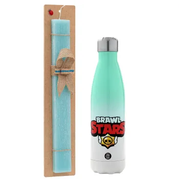 Brawl Stars, Easter Set, Metallic green/white thermos (Stainless steel), double-walled, 500ml & scented flat Easter candle (30cm) (TURQUOISE)