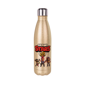 Brawl Stars Desert, Μεταλλικό παγούρι θερμός Glitter χρυσό (Stainless steel), διπλού τοιχώματος, 500ml