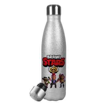 Brawl Stars Desert, Μεταλλικό παγούρι θερμός Glitter Aσημένιο (Stainless steel), διπλού τοιχώματος, 500ml