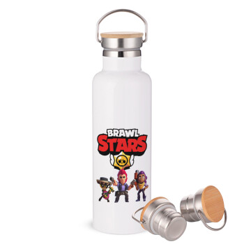 Brawl Stars Desert, Μεταλλικό παγούρι θερμός (Stainless steel) Λευκό με ξύλινο καπάκι (bamboo), διπλού τοιχώματος, 750ml