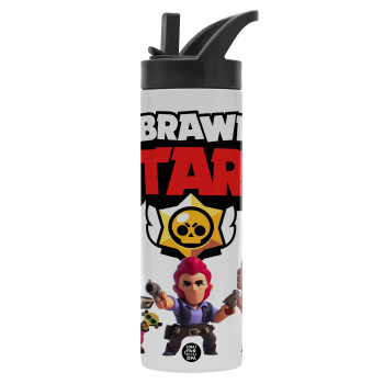 Brawl Stars Desert, Μεταλλικό παγούρι θερμός με καλαμάκι & χειρολαβή, ανοξείδωτο ατσάλι (Stainless steel 304), διπλού τοιχώματος, 600ml