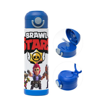 Brawl Stars Desert, Children's hot water bottle, stainless steel, with safety straw, BLUE (500ml)