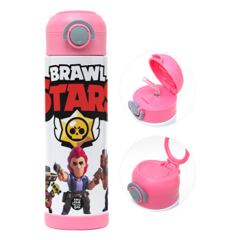 Brawl Stars Desert, Children's hot water bottle, stainless steel, with safety straw, PINK (500ml)