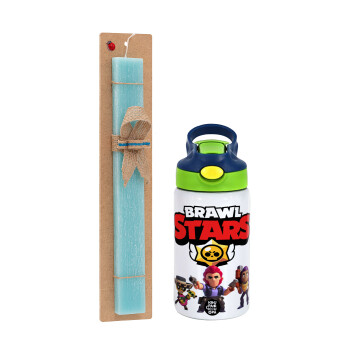 Brawl Stars Desert, Easter Set, Children's thermal stainless steel bottle with safety straw, green/blue (350ml) & aromatic flat Easter candle (30cm) (TURQUOISE)