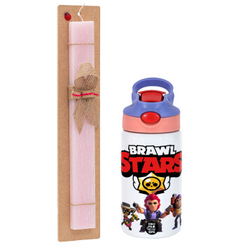 Brawl Stars Desert, Easter Set, Children's thermal stainless steel water bottle with safety straw, pink/purple (350ml) & Easter scented flat candle (30cm) (PINK)