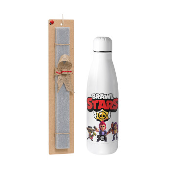 Brawl Stars Desert, Easter Set, metallic stainless thermos bottle (500ml) & scented flat Easter candle (30cm) (GRAY)