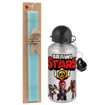 Brawl Stars Desert, Easter Set, metallic silver aluminum water bottle (500ml) & scented flat Easter candle (30cm) (TURQUOISE)