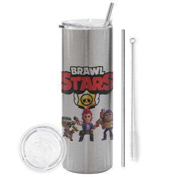 Brawl Stars Desert, Eco friendly stainless steel Silver tumbler 600ml, with metal straw & cleaning brush