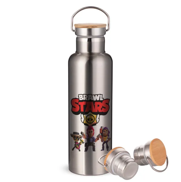 Brawl Stars Desert — Stainless steel Silver with wooden lid (bamboo), double wall, 750ml