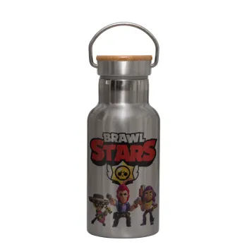 Brawl Stars Desert, Μεταλλικό παγούρι θερμός (Stainless steel) Ασημένιο με ξύλινο καπακι (bamboo), διπλού τοιχώματος, 350ml