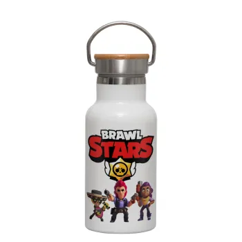 Brawl Stars Desert, Μεταλλικό παγούρι θερμός (Stainless steel) Λευκό με ξύλινο καπακι (bamboo), διπλού τοιχώματος, 350ml