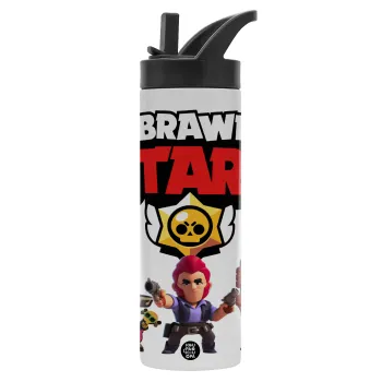 Brawl Stars Desert, Μεταλλικό παγούρι θερμός με καλαμάκι & χειρολαβή, ανοξείδωτο ατσάλι (Stainless steel 304), διπλού τοιχώματος, 600ml