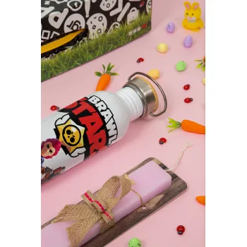 Brawl Stars Desert, Easter Set, SS Metallic water bottle (620ml, stainless steel) & scented flat Easter candle (30cm) (PINK)